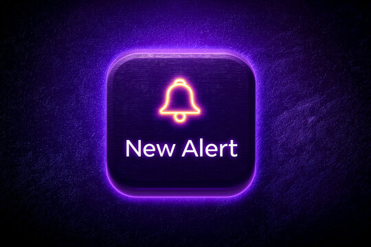 A striking "New Alert" button with a glowing bell icon, pulsating with vibrant neon purple light, signifying important notifications, system messages, urgent breaking news, or critical digital updates