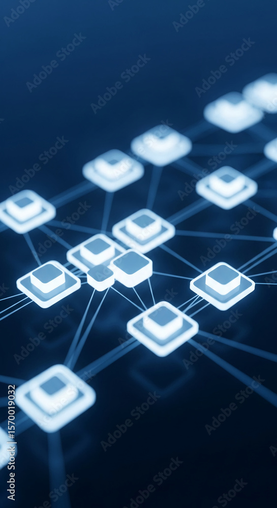 Poster abstract image of glowing blue squares interconnected by lines, creating a network visualization, sy