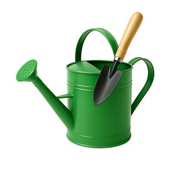 Green watering can with garden trowel isolated on transparent background