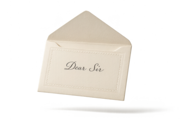 Open formal letter envelope with 'Dear Sir' text, isolated on transparent background.