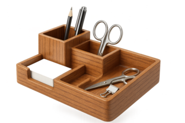 Desk organizer with office supplies, isolated on transparent background