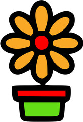 Cartoon Orange Flower in Red and Green Pot