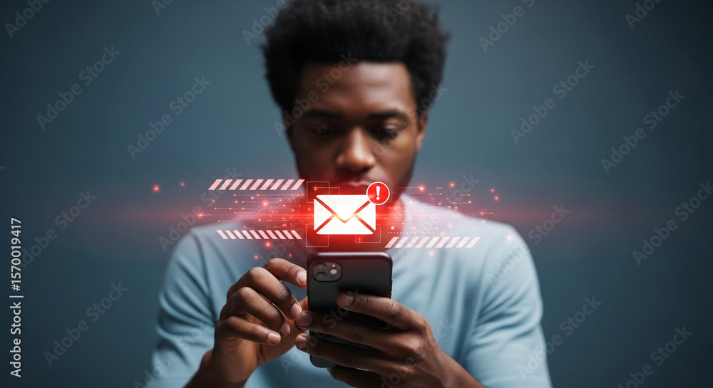 Poster person using smartphone, digital email alert notification displayed, red warning symbol, representin