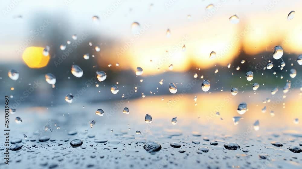 Poster raindrop reflection: macro shot of raindrops glistening on a window surface, reflecting soft light, 