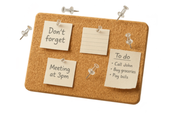 Cork board with reminder notes and clear pushpins, isolated on transparent background