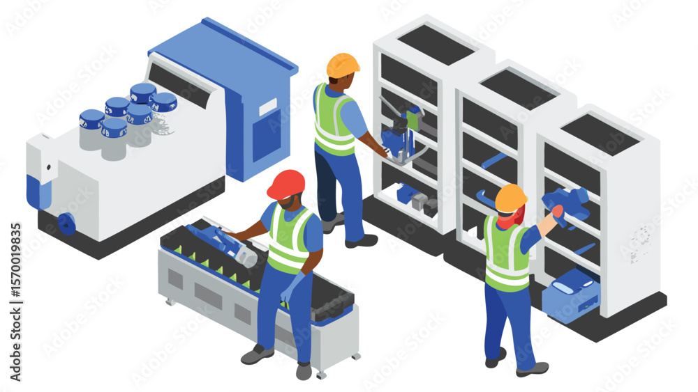 Poster isometric view of factory workers operating machinery and stocking shelves in a warehouse setting