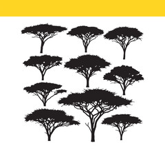 African Savanna Silhouette Trees Collection of Umbrella Acacia Tree Vector Illustrations