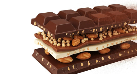 Delicious chocolate bar with almonds and nuts layered dessert food photography