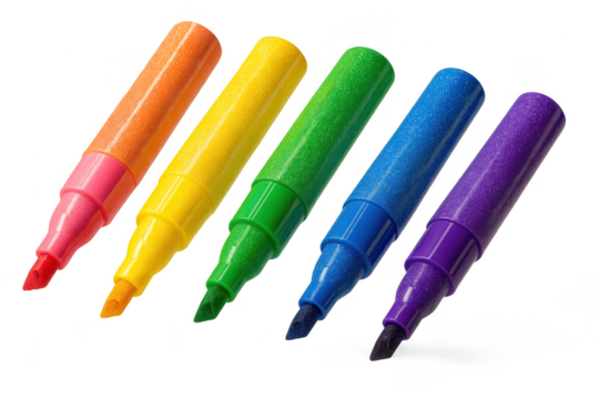 Set of five vibrant colorful markers isolated on transparent background
