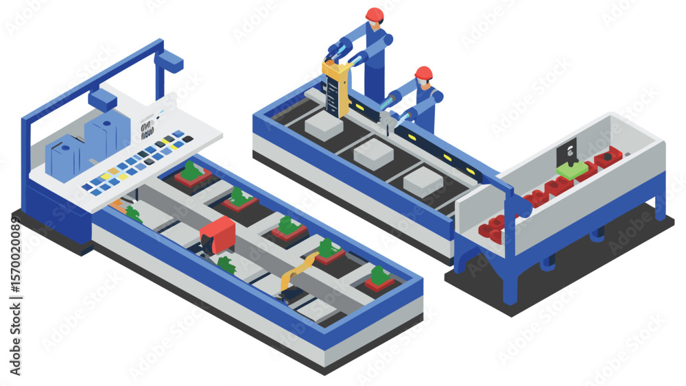 Poster isometric automated production line with workers and conveyor belts processing materials and product