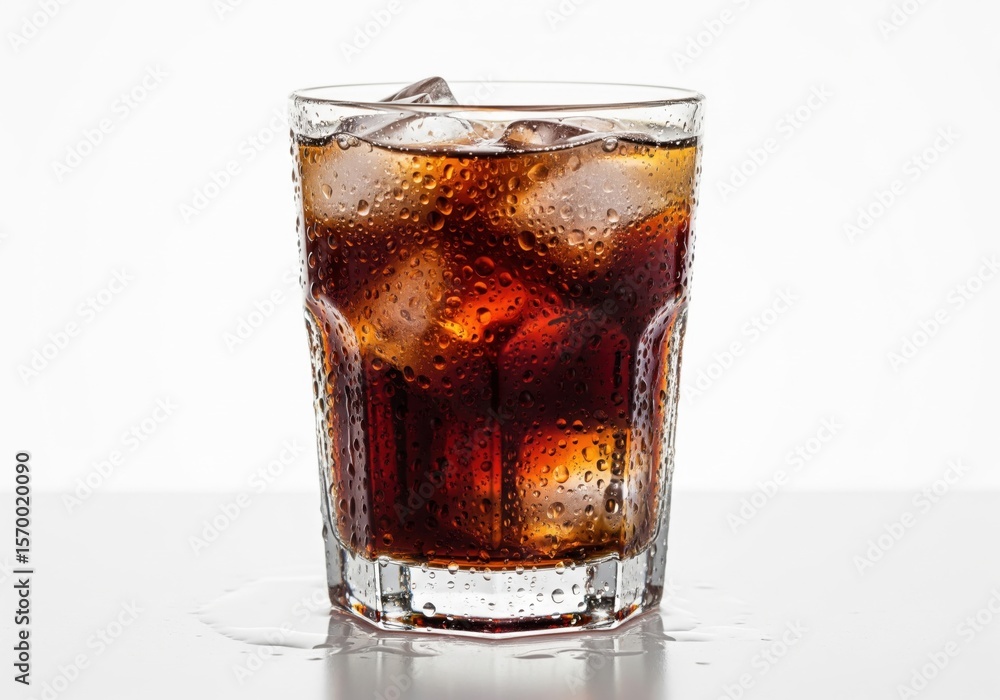 Poster chilled cola drink with ice cubes. a cool glass of sparkling soda with frozen blocks and visible con