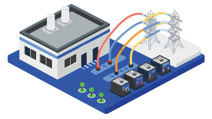 Isometric view of a power plant with transmission towers and colorful power lines connecting the systems