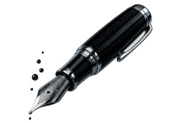 Elegant black and silver fountain pen with ink drops isolated on transparent background