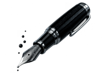 Elegant black and silver fountain pen with ink drops isolated on transparent background
