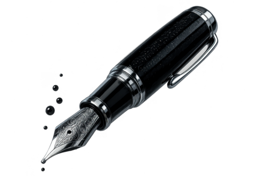 Elegant black and silver fountain pen with ink drops isolated on transparent background