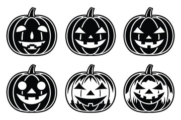 Six black silhouette carved halloween pumpkins jack o lantern spooky