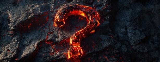 The glowing question mark carved into a volcanic rock surface.