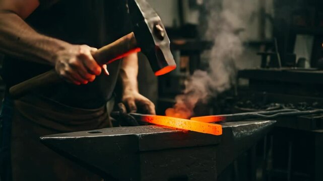 Blacksmith Forging Metal on Anvil - A blacksmith uses a large hammer to strike a glowing piece of metal on an anvil, sparks flying as he works.