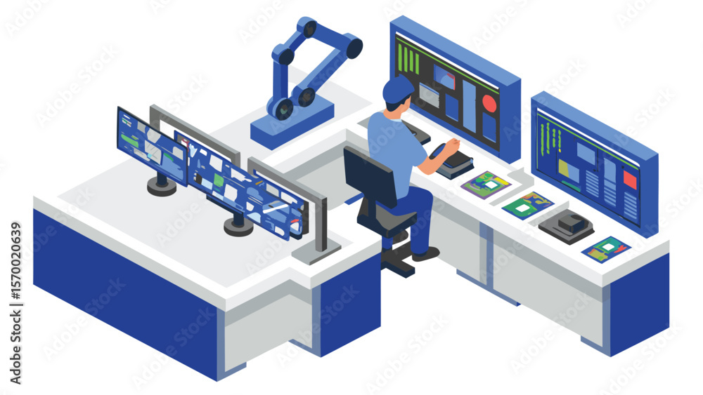 Poster illustration of a man in a control room with multiple screens and robotic arm in isometric view