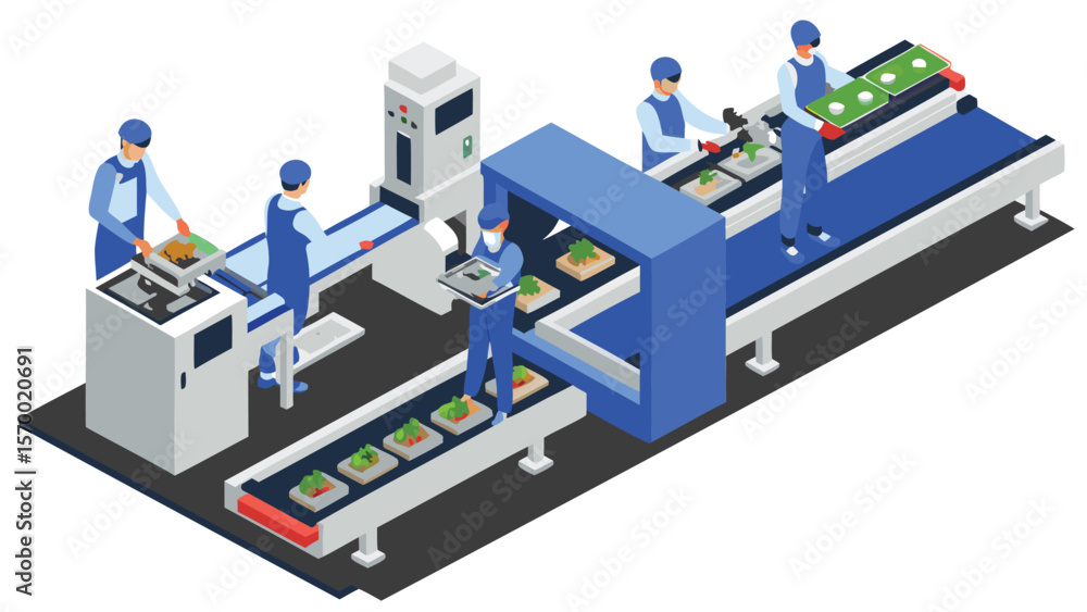 Poster isometric view of workers on an assembly line inspecting and moving products on conveyor belts syste