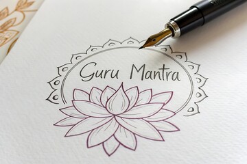 Fototapeta premium Fountain pen writing guru mantra with lotus design isolated on white background