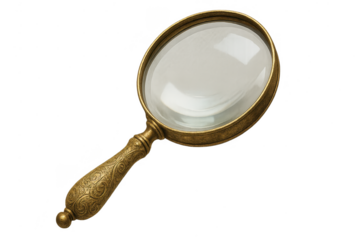 Ornate antique brass magnifying glass isolated on a transparent background.