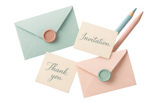 Pastel stationery elements isolated on transparent background, elegant.