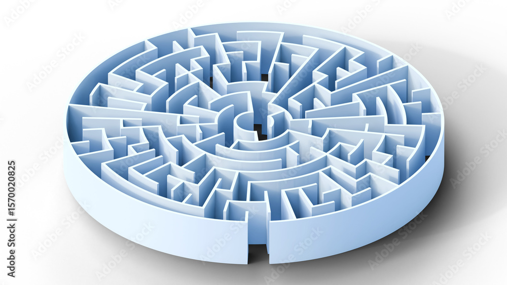 Poster Business problems and solution concept. Circle labyrinth on a isolated background. Circle maze structure. Perspective view of an 3d rendered circle maze. Circle shape labyrinth with red arrow.