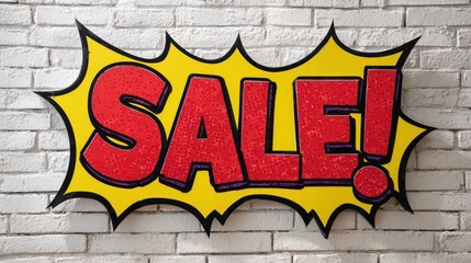 The vibrant sale sign on a textured white brick wall.