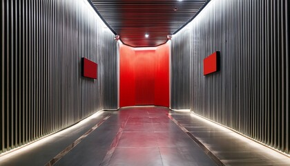 modern art gallery featuring a striped wall with vibrant red center