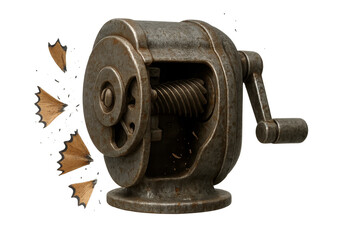 Vintage desk pencil sharpener with shavings, isolated on transparent background