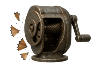 Vintage desk pencil sharpener with shavings, isolated on transparent background