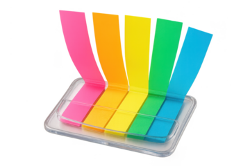 Vibrant rainbow sticky page markers isolated on transparent background for office use