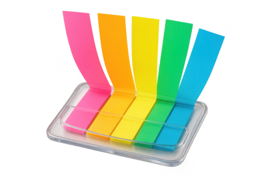 Vibrant rainbow sticky page markers isolated on transparent background for office use