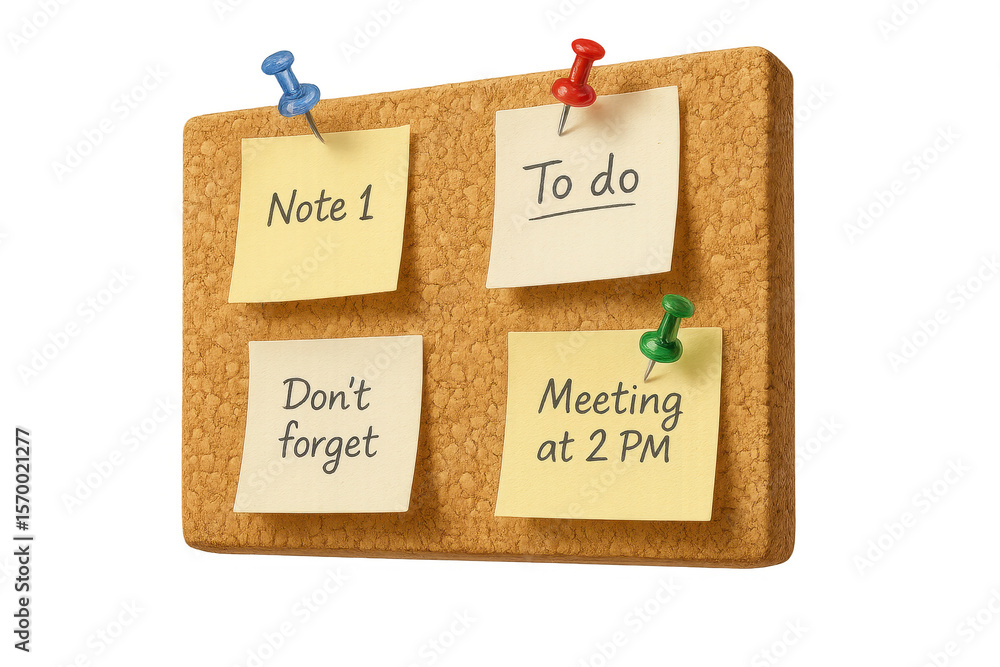 Poster cork board with colorful push pins and sticky notes on transparent background