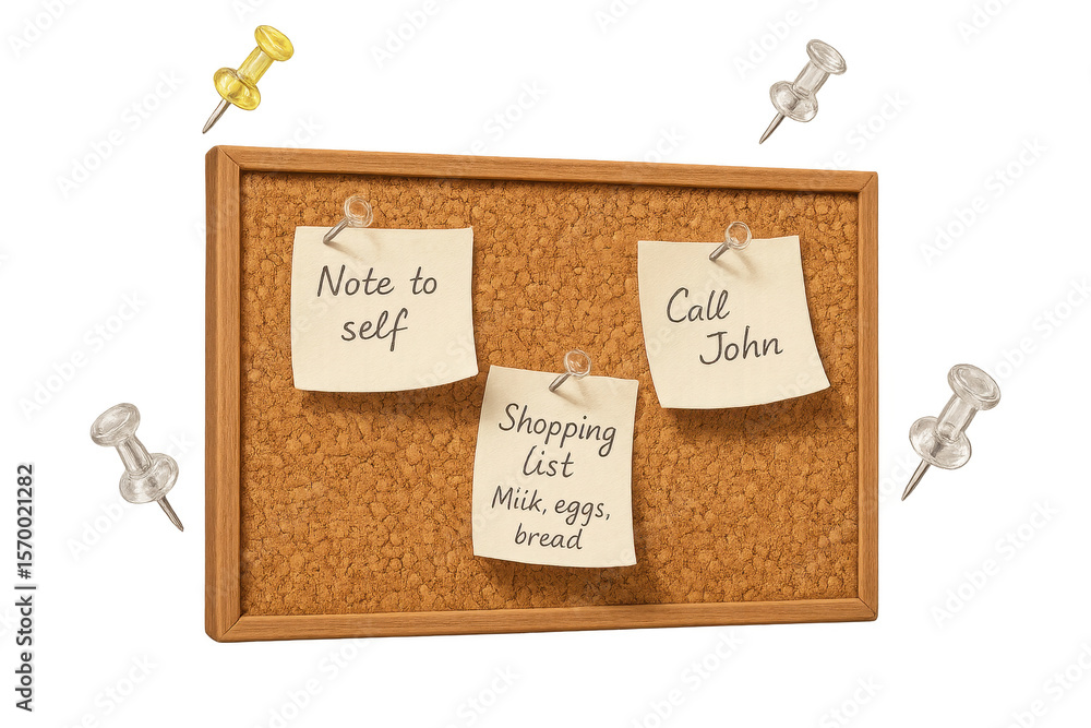 Poster corkboard with notes isolated on transparent background, reminders and to-dos.