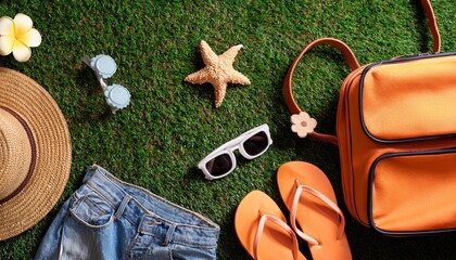 flat lay of summer accessories on grass background with vibrant colors
