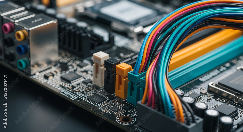 Poster close-up of colorful computer cables connected to a circuit board, showcasing intricate technology a