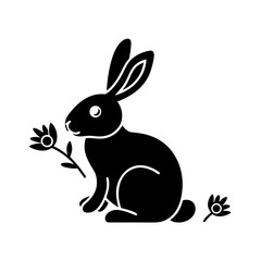 Cute Black Silhouette Rabbit with Flowers