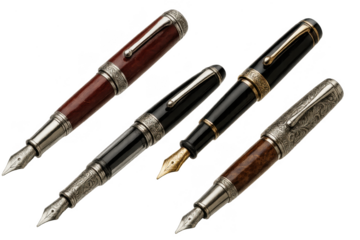 Luxury fountain pens, various designs, isolated on transparent background, set