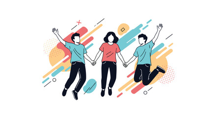 Joyful friends holding hands and jumping together celebrating togetherness and positive energy