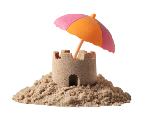 A sandcastle with a pink and orange umbrella sits isolated on transparent background
