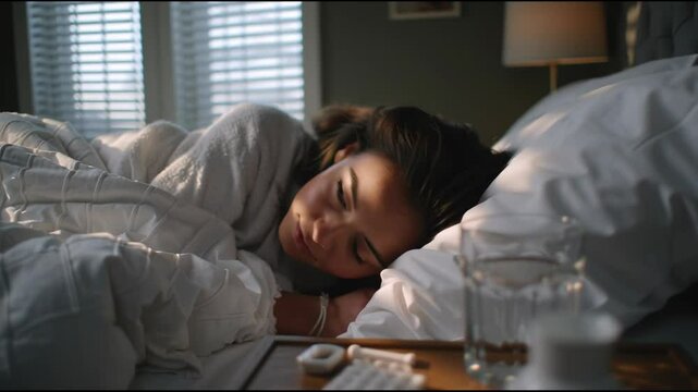 Young woman sleeping peacefully in bed, soft sunlight streaming through window