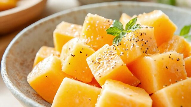 Delicious cubes of cantaloupe: A fresh, vibrant image of golden cantaloupe cubes, perfectly presented in a rustic bowl, with a sprinkle of herbs and pepper. Showcasing healthy eating