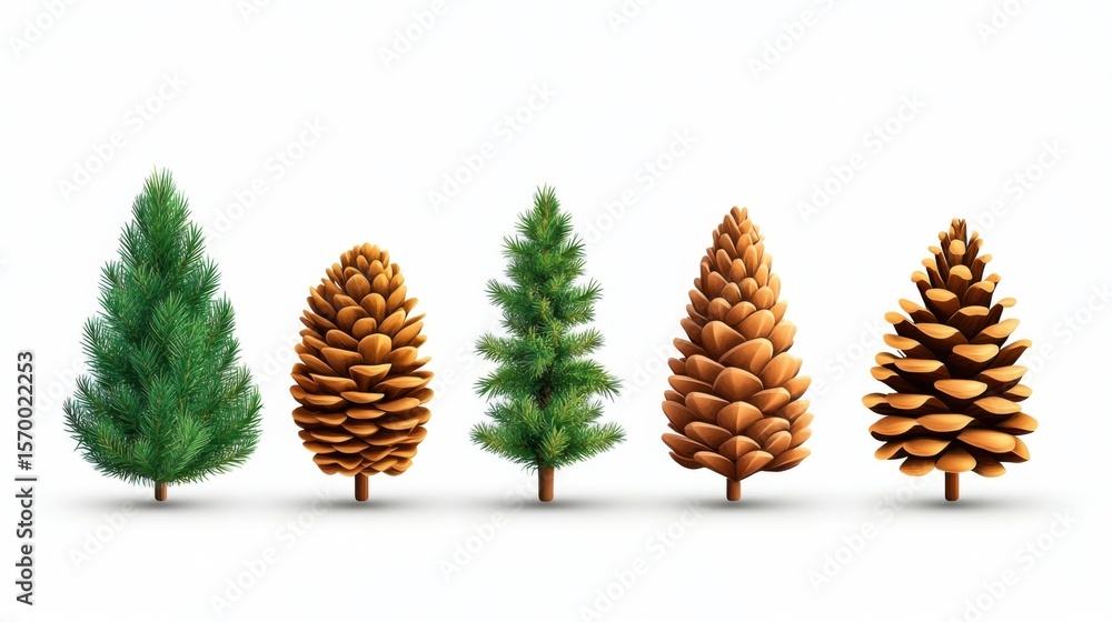 Poster different types of pine trees with pine cones on a white background