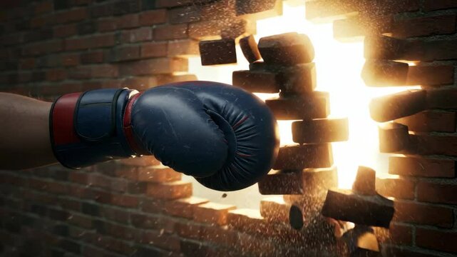 Boxer Punching Through Brick Wall - A powerful close-up shot of a gloved fist breaking through a brick wall, with debris flying and sunlight shining through the resulting hole.