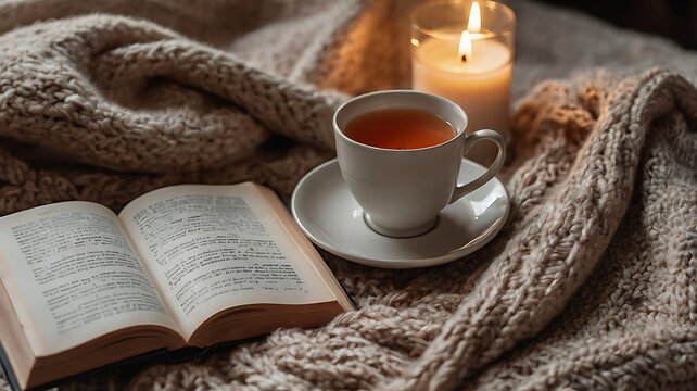 Warm morning beverage, a book, and a newspaper on a brown table