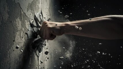 Powerful Fist Breaking Through Wall - A close-up shot captures a powerful fist shattering a concrete wall, with debris and dust particles flying in the air.