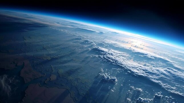 A view of earth from space showing the atmosphere and cloud cover with a dark blue sky above it