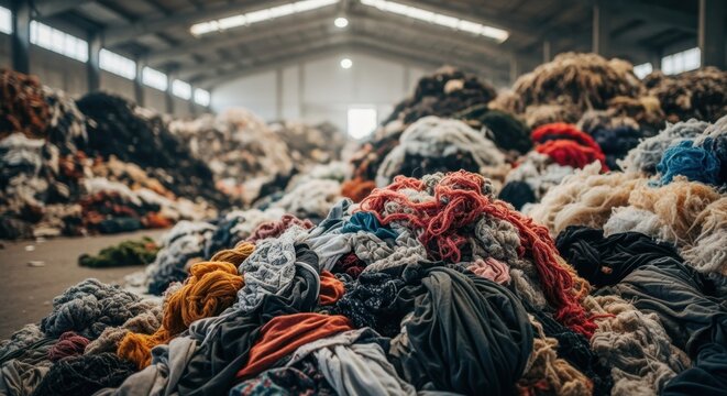 Large amounts of used colorful clothes and textiles are waiting to be recycled or sold in a deposit inside a warehouse, representing textile waste and circular economy